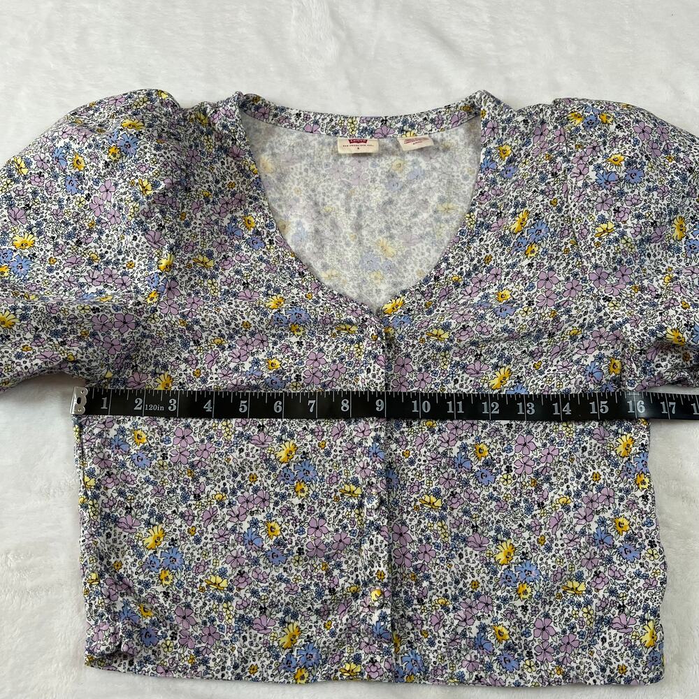 Levi's V-Neck Ditzy Floral Print Crop Button Up Blouse Size S Puff Sleeve Boxy - Picture 11 of 12